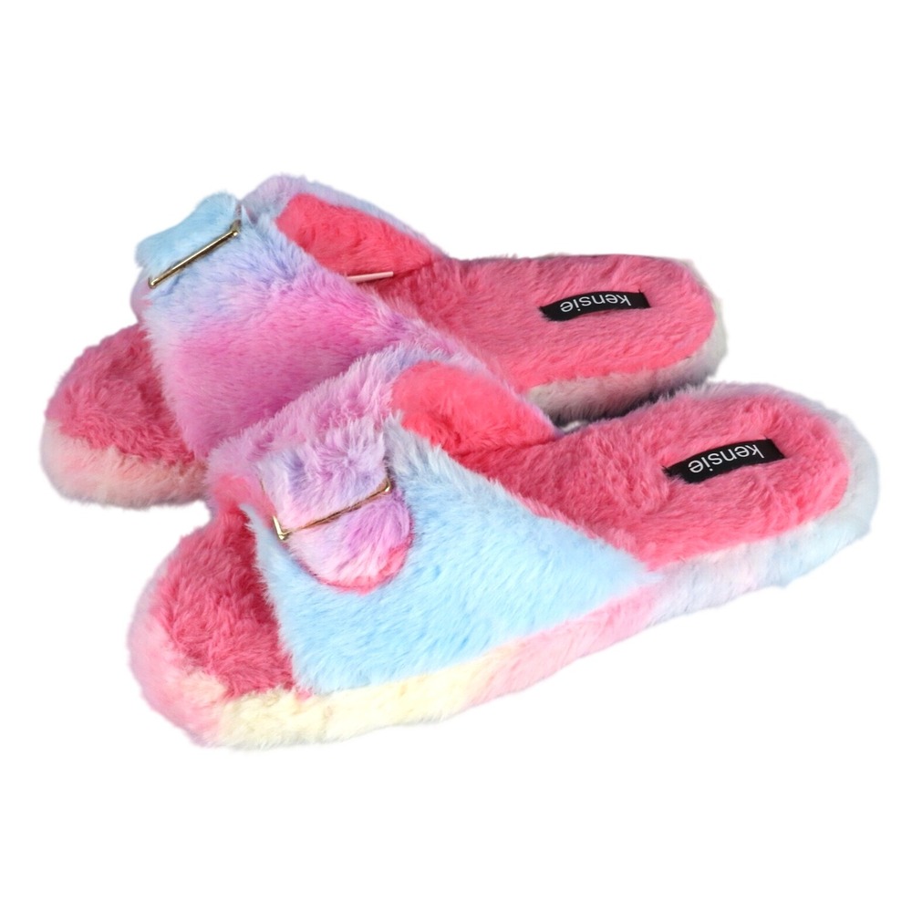 KENSIE SLIPPERS SHOES Plush Faux Fur RAINBOW TIE DYE Pink Blue Purple L/9/10